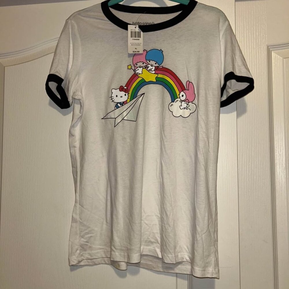 NWT Sanrio Hello Kitty Little Twin Stars white shirt black ringer junior's XL